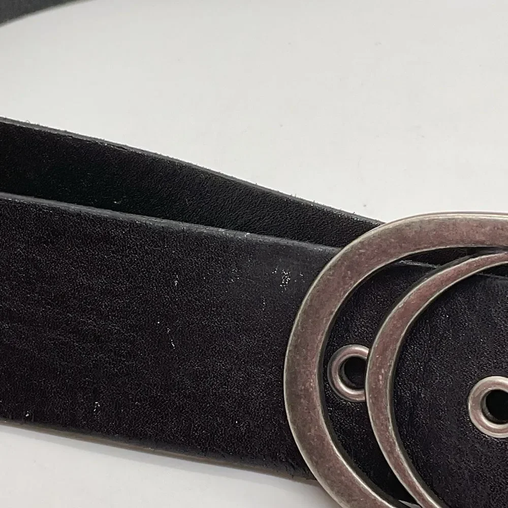 Fossil Black Leather Belt with Double Oval Silver Buckle